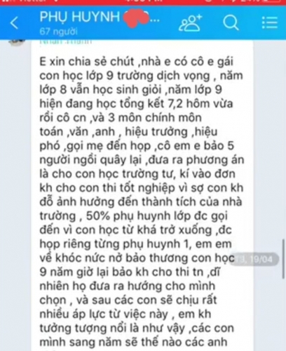 Đề nghị xác minh thông tin: Nhà trường yêu cầu học sinh lớp 9 ở Hà Nội học kém không dự thi, phải chuyển trường