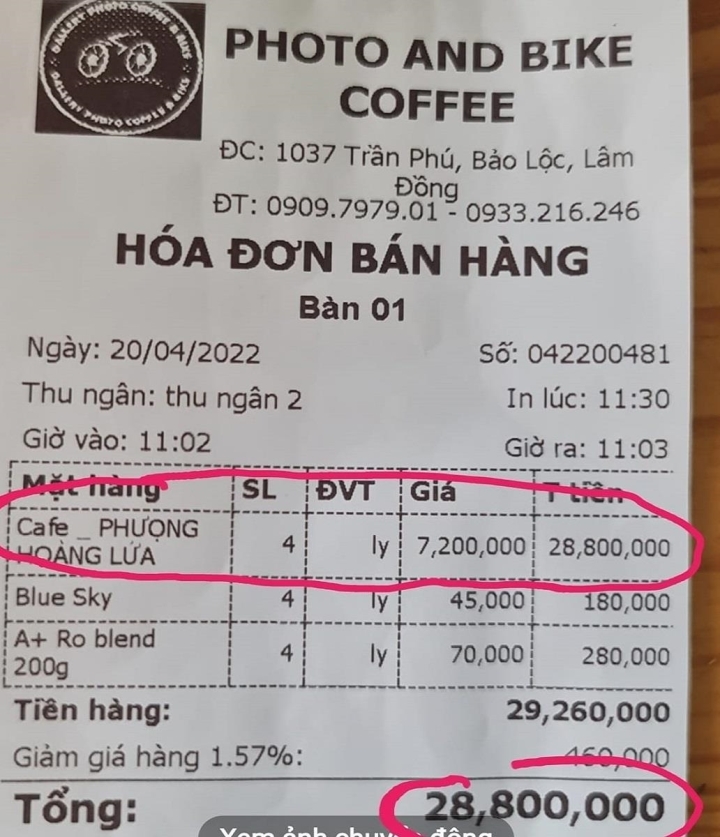Chủ quán nói gì khi bán 4 ly cà phê với giá gần 29 triệu đồng?