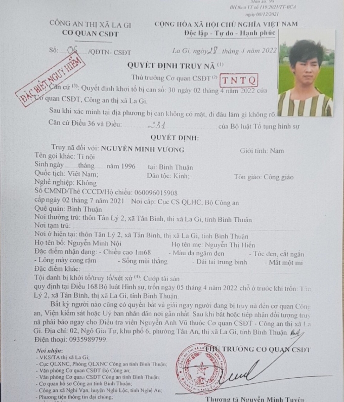 Quyết định truy nã đối với Nguyễn Minh Vương.