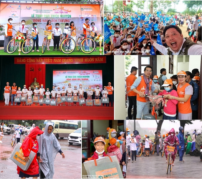 Thiếu nhi huyện Hớn Quản, tỉnh Bình Phước (hình trên cùng, bên trái) và trẻ em huyện Phú Lộc, tỉnh Thừa Thiên Huế hớn hở nhận quà và xe đạp từ CLB Doanh nhân 2030.