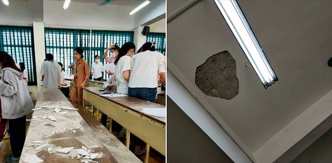 Vữa trần nhà rơi trong lớp học ở Trường Đại học Bách khoa Hà Nội