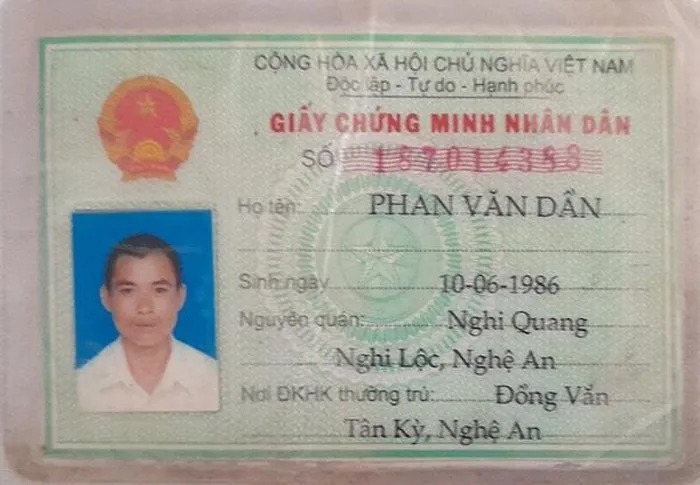 Giấy CMND của Phan Văn Dần, người đang bị cơ quan công an truy tìm.