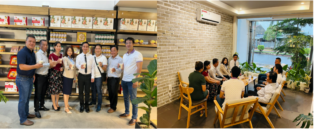 Các vị khách mời thưởng thức sữa hạt điều tại quán “Bà Tư Café & More” của Công ty Cổ phần Tập đoàn Gia Bảo (P.Tân Phú, TP. Đồng Xoài, Bình Phước) - nơi bày bán các đặc sản địa phương.