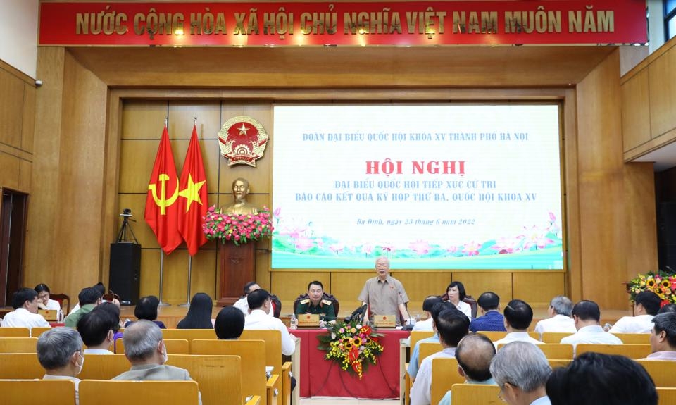 Tổng Bí thư Nguyễn Phú Trọng phát biểu tại hội nghị tiếp xúc cử tri sau Kỳ họp thứ 3, Quốc hội khóa XV. 