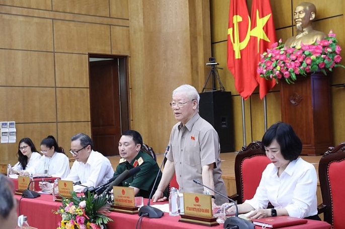 Tổng Bí thư Nguyễn Phú Trọng phát biểu tại hội nghị tiếp xúc cử tri các quận Ba Đình, Đống Đa, Hai Bà Trưng (TP Hà Nội) sau Kỳ họp thứ 3, Quốc hội khóa XV. 