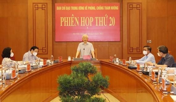Tổng Bí thư Nguyễn Phú Trọng chủ trì phiên họp thứ 20 của Ban Chỉ đạo Trung ương về phòng, chống tham nhũng vào tháng 8/2021. Ảnh: TTXVN