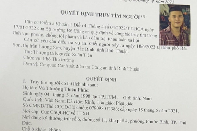 Quyết định truy tìm của Cơ quan CSĐT Công an tỉnh Bình Thuận