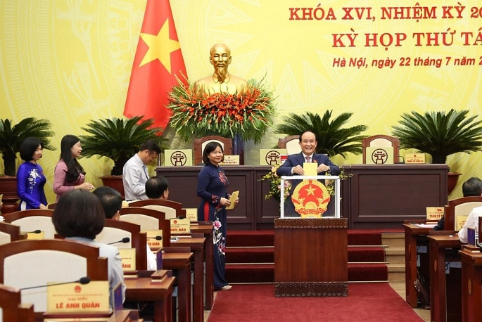 Các đại biểu HĐND TP Hà Nội thực hiện quy trình bầu Chủ tịch UBND TP Hà Nội. 