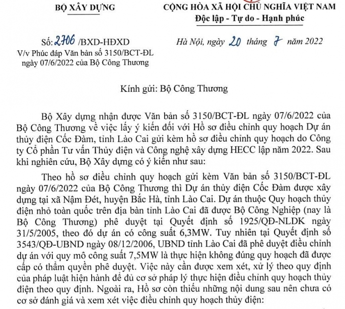 Văn bản của Bộ Xây dựng nói rõ việcUBND tỉnh Lào Cai đã phê duyệt điều chỉnh DA không đúng quy hoạch                                      Ảnh: K.H