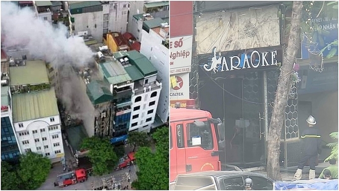Hình ảnh vụ cháy quán karaoke trên đường Quan Hoa, quận Cầu Giấy, Hà Nội