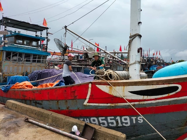 Bộ đội biên phòng Đồn Biên phòng Cửa khẩu Thuận An giúp ngư dân giằng buộc tàu thuyền tại âu thuyền Phú Hải, huyện Phú Vang - Ảnh: Báo Thừa Thiên Huế