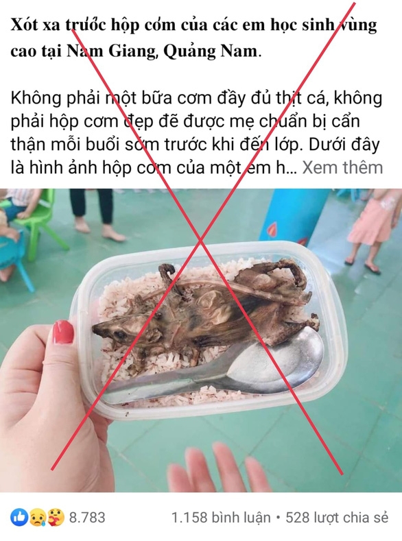 Bài viết kèm theo hình ảnh hộp cơm với thịt chuột của học sinh vùng cao Quảng Nam lan truyền trên mạng xã hội trước đó.