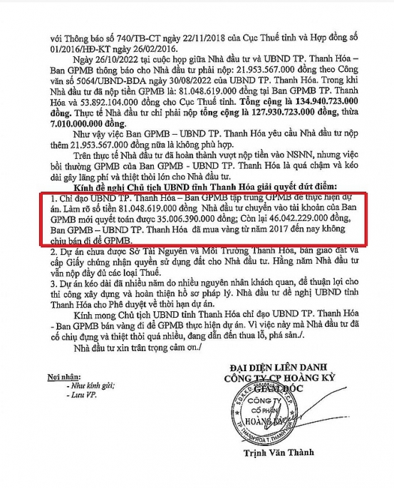 Công ty CP Hoàng Kỳ đề nghị Chủ tịch UBND tỉnh Thanh Hóa chỉ đạo UBND TP Thanh Hóa làm rõ việc sử dụng tiền để mua vàng từ năm 2017.