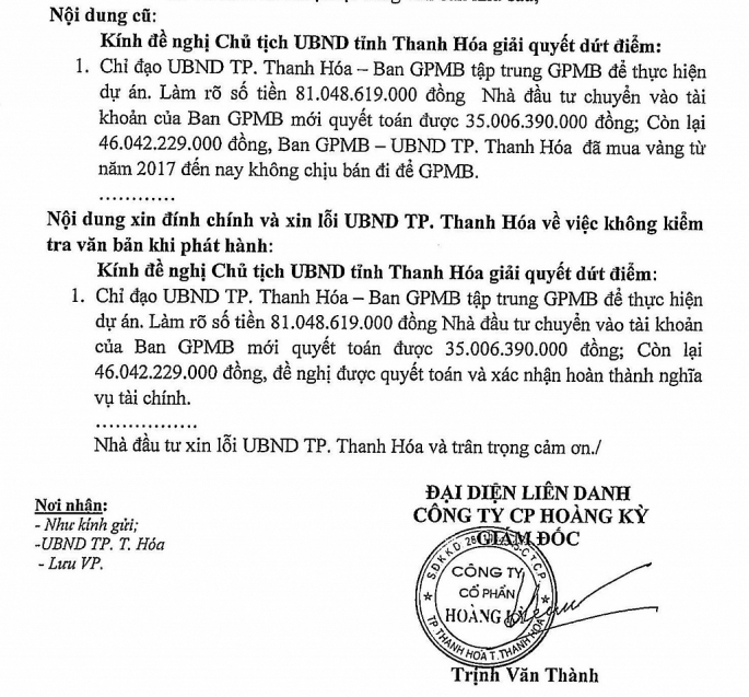 Công ty Hoàng Kỳ gửi văn bản đính chính xin lỗi UBND TP Thanh Hóa