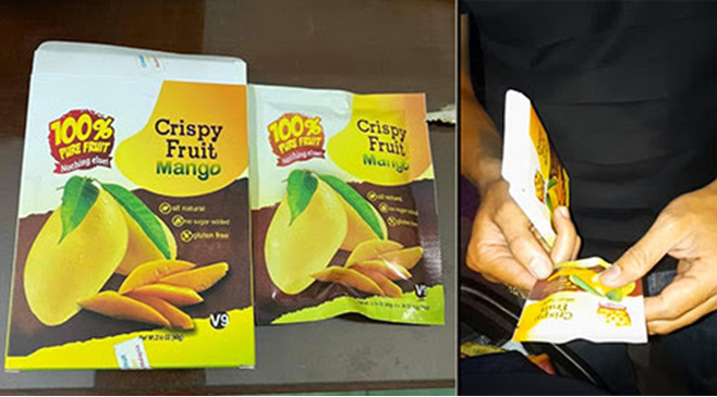 Gói ma túy “nước xoài” với dòng chữ “Crispy Fruit Mango”