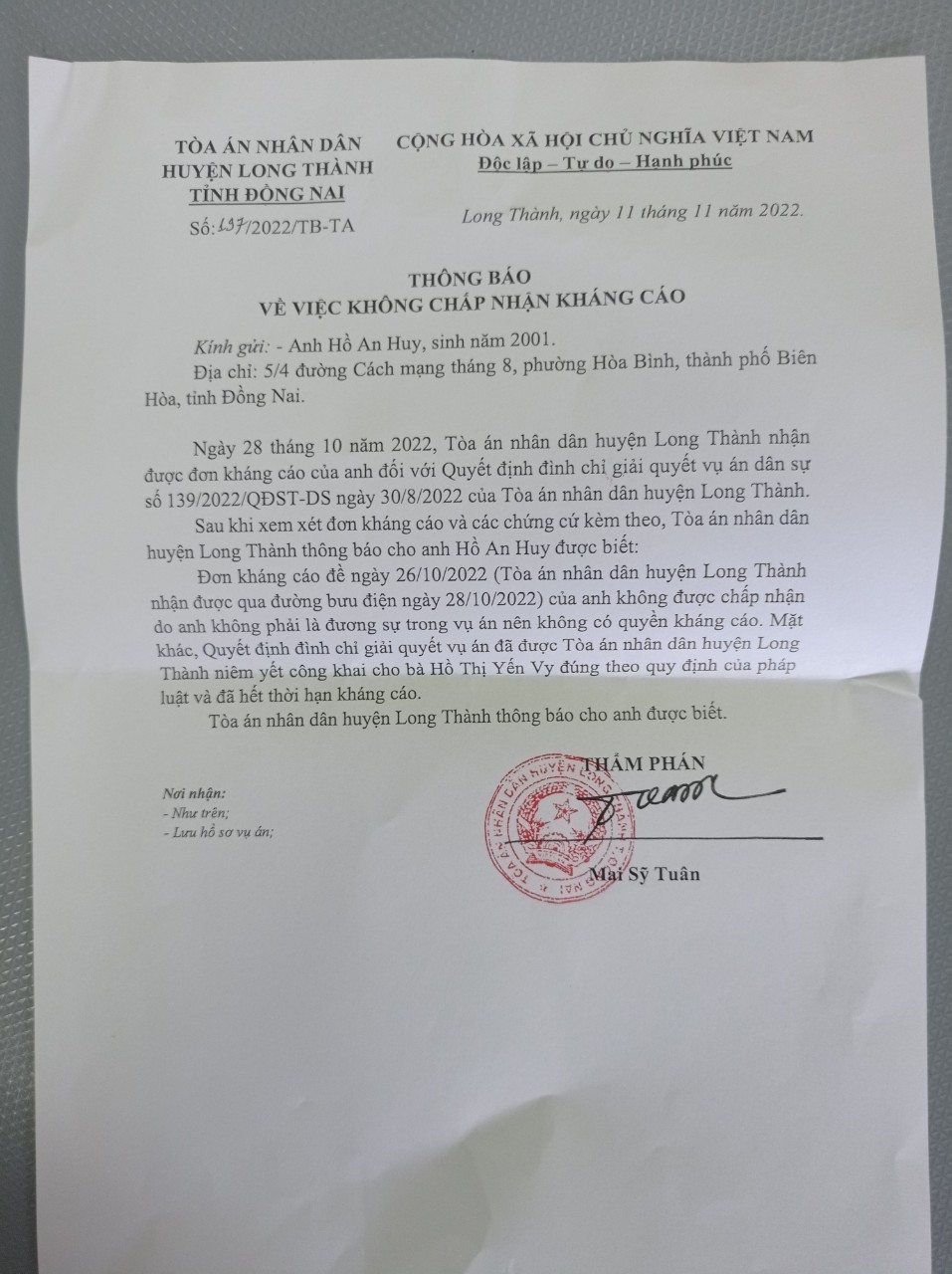 Luật sư nêu quan điểm về việc TAND huyện Long Thành bác đơn kháo cáo của của một công dân