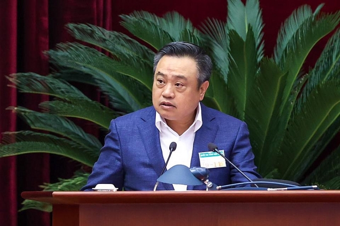 Chủ tịch UBND TP Hà Nội Trần Sỹ Thanh phát biểu tham luận ở Hội nghị tại điểm cầu Trung ương.