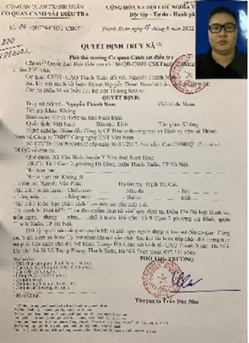 Quyết định truy nã đối tượng Nguyễn Thành Nam