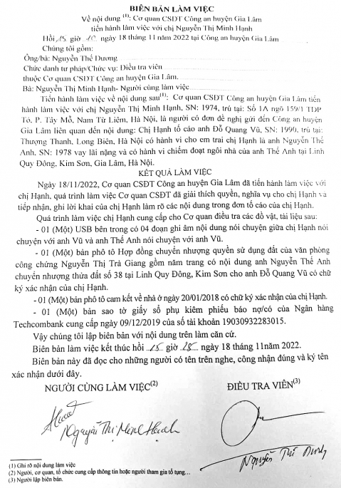 Biên bản làm việc thể hiện rõ ngày 18/11 mới có điều tra viên chính thức làm việc với chị Hạnh cho dù chị đã làm đơn từ ngày 12/8/2022		 Ảnh: K.H