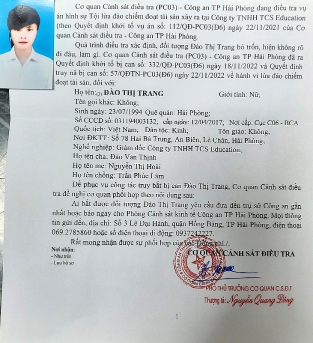 Quyết định truy nã Đào Thị Trang.