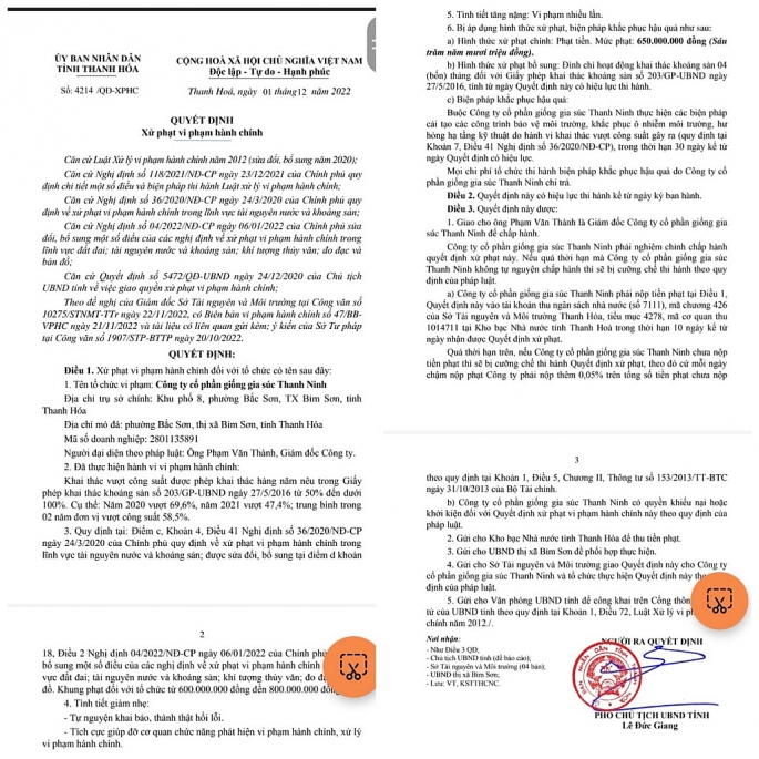 UBND tỉnh Thanh Hoá ra quyết định xử phạt đối với Công ty cổ phần giống gia súc Thanh Ninh vì nhiều lần vi phạm