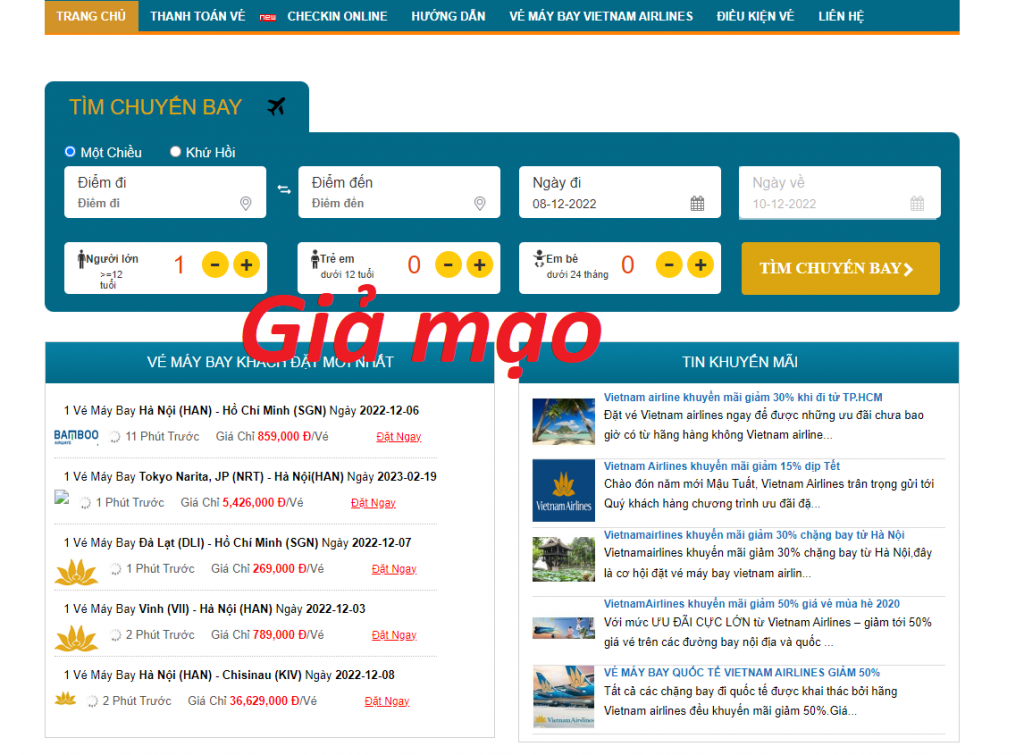 Website giả mạo Vietnam Airlines