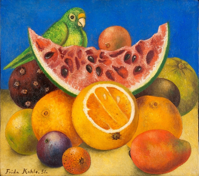 Tác phẩm Không đề – 1951 (Tĩnh vật với vẹt và hoa quả) (Untitled Still life with parrot and fruit) của Frida Kahlo
