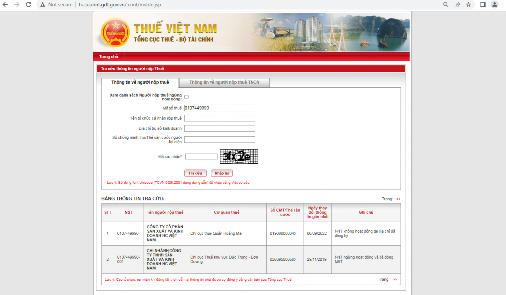 Công ty HC Việt Nam không hoạt động tại địa chỉ đã đăng ký nhưng vẫn nộp thuế điện tử