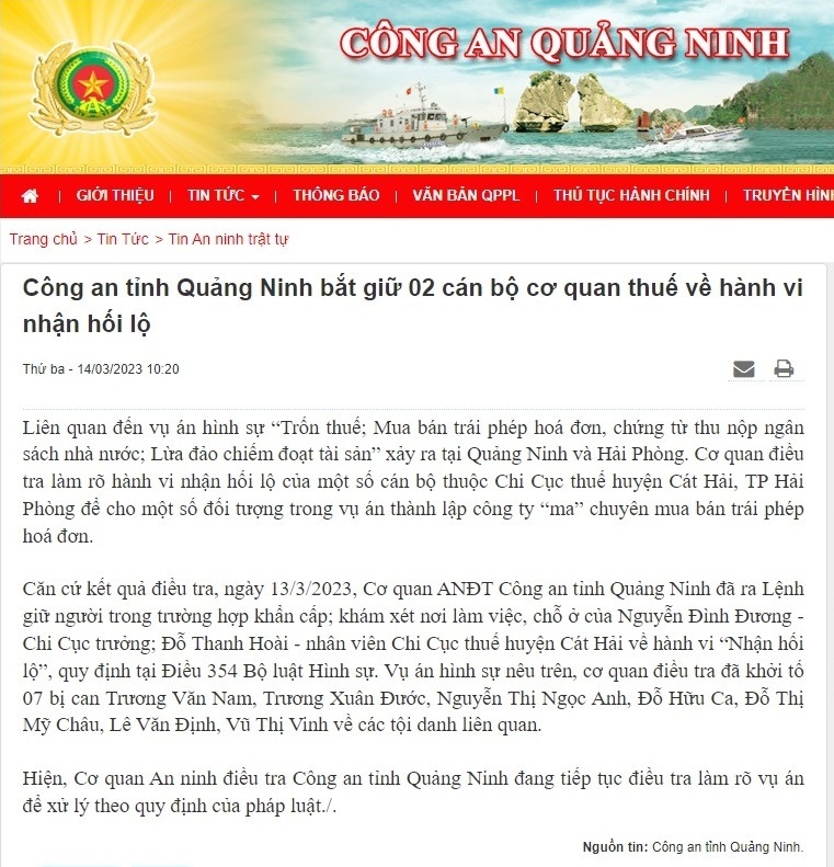 Công an tỉnh Quảng Ninh thông tin về việc bắt giữ 2 cán bộ cơ quan thuế Hải Phòng
