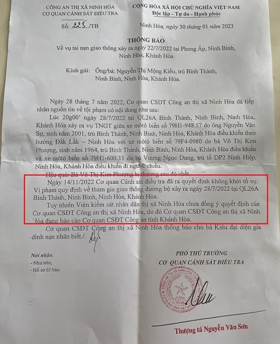 Thông báo 225/TB nêu rõ VKSND Thị xã Ninh Hòa không đồng ý kết luận không khởi tố vụ án của CQCSĐT Thông báo 225/TB nêu rõ VKSND Thị xã Ninh Hòa không đồng ý kết luận không khởi tố vụ án của CQCSĐT