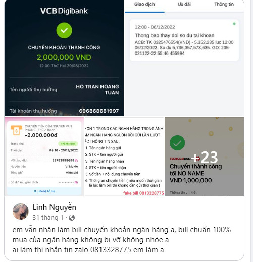 Tài khoản có tên Linh Nguyễn rao bán công khai các bill chuyển khoản ngân hàng trên các hội nhóm