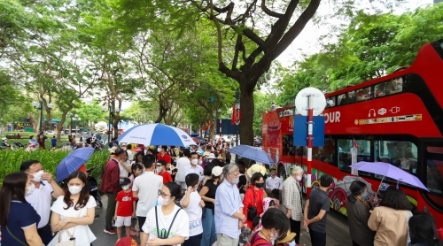 Hà Nội: Du khách xếp hàng dưới mưa chờ trải nghiệm bus 2 tầng miễn phí