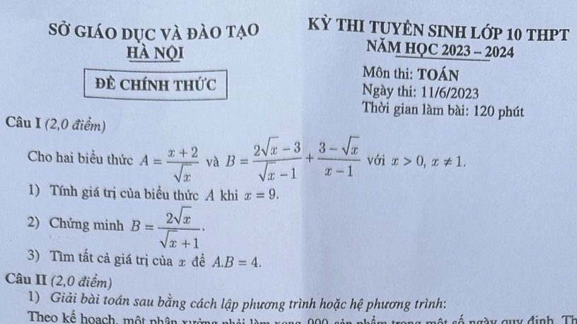 Đáp án đề thi môn Toán kỳ thi vào lớp 10 ở Hà Nội