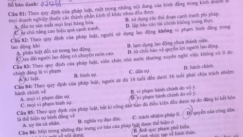 Đáp án môn Giáo dục công dân kỳ thi tốt nghiệp THPT 2023