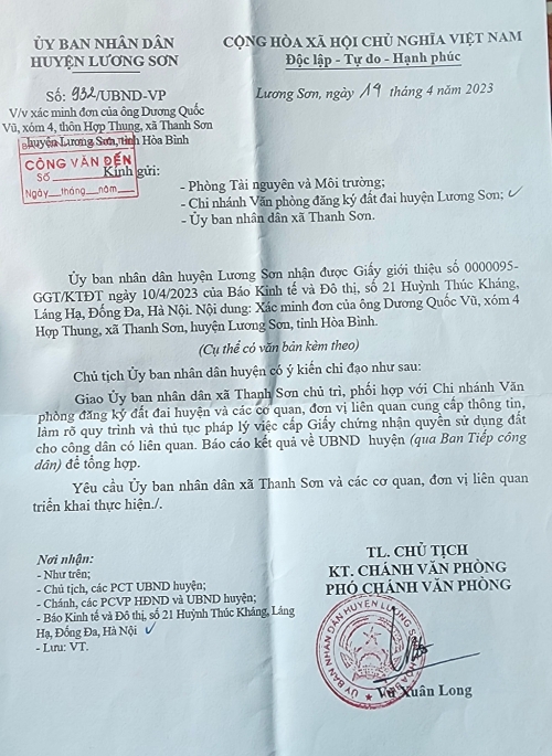 Văn bản chỉ đạo làm rõ nguồn gốc đất của UBND huyện Lương Sơn. Ảnh: N.S.