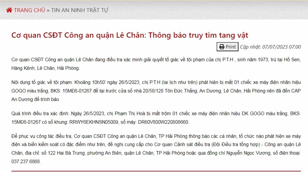 Hải Phòng: Cơ quan CSĐT Công an quận Lê Chân thông báo truy tìm tang vật