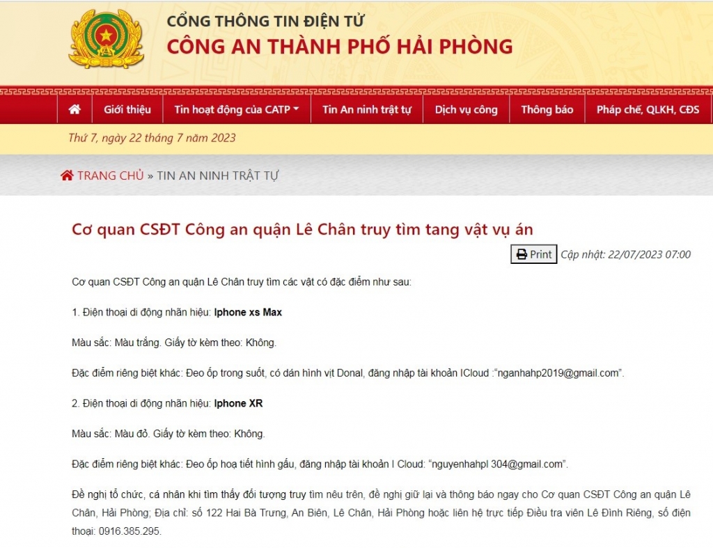Hải Phòng: Cơ quan CSĐT Công an quận Lê Chân truy tìm tang vật vụ án