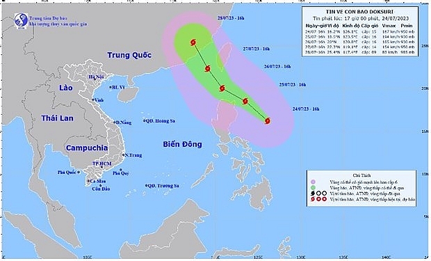 Vị trí và hướng đi của bão Doksuri. (Nguồn: Trung tâm Dự báo Khí tượng Thủy văn Quốc gia)