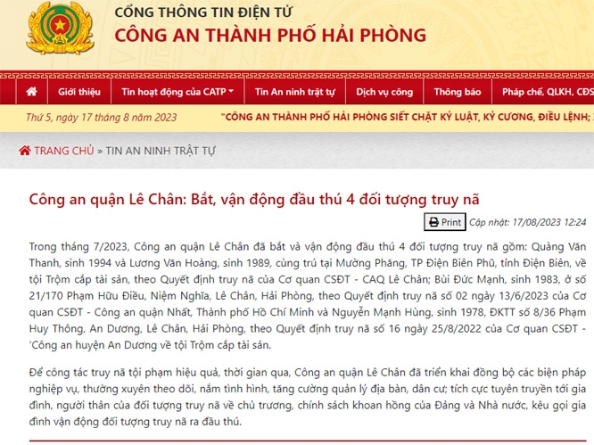 Hải Phòng: Bắt, vận động đầu thú 4 đối tượng truy nã