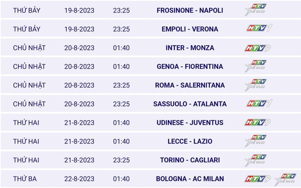 Cập nhật lịch thi đấu vòng 1 giải Serie A mùa bóng 2023/2024