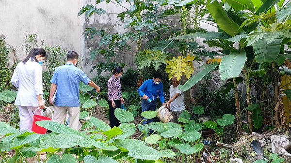 Thành viên Đội xung kích diệt bọ gậy xã Tam Hiệp, huyện Thanh Trì cùng đại diện hộ gia đình kiểm tra dụng cụ chứa nước trong vườn nhà ông Nguyễn Văn Sơn tại thôn Huỳnh Cung để phát hiện và diệt bọ gậy. Ảnh: Văn Biên