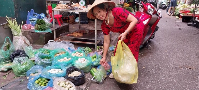 Ngày nào chị em phụ nữ cũng luôn ra chợ và trở về với đủ mọi thứ như rau, quả, thịt, cá… đựng trong các túi nilông     