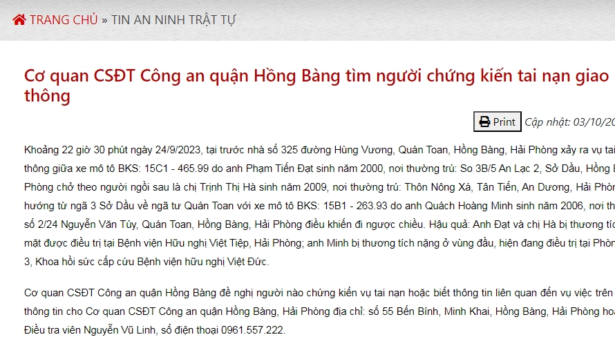 Hải Phòng: Tìm người chứng kiến vụ tai nạn giao thông khiến 3 người bị thương trong đêm