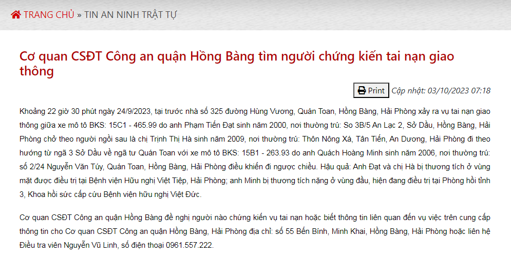 Hải Phòng: Tìm người chứng kiến vụ tai nạn giao thông khiến 3 người bị thương trong đêm