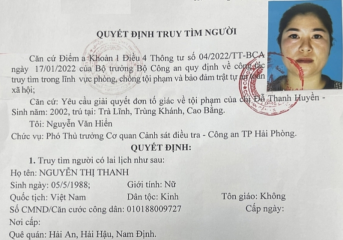 Quyết định truy tìm Nguyễn Thị Thanh của Cơ quan CSĐT Công an TP Hải Phòng.