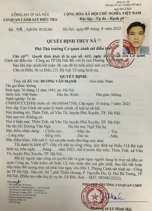 Công an Hà Nội truy tìm Dương Văn Mạnh, đối tượng gây rối trật tự trong đám cưới rồi bỏ trốn