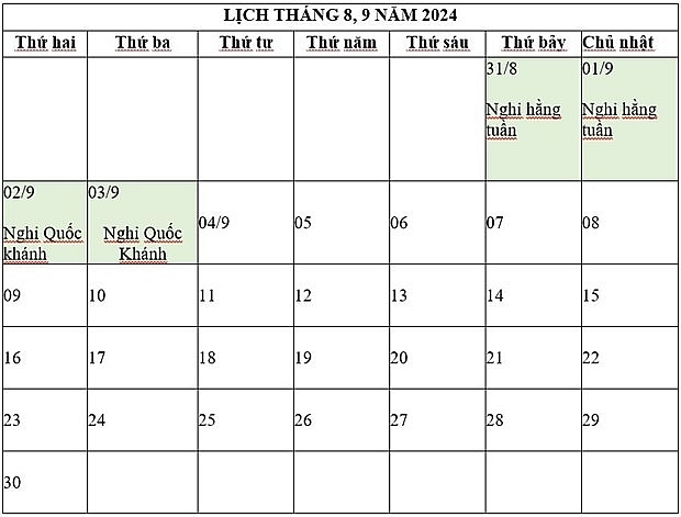 Phương án nghỉ lễ dịp Quốc khánh năm 2024.