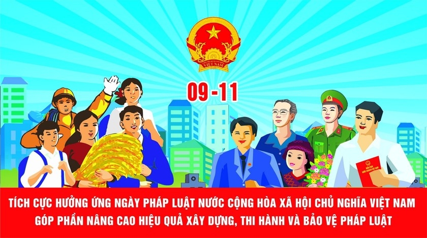 Một khẩu hiệu tuyên truyền, phổ biến về Ngày Pháp luật Việt Nam 2023.