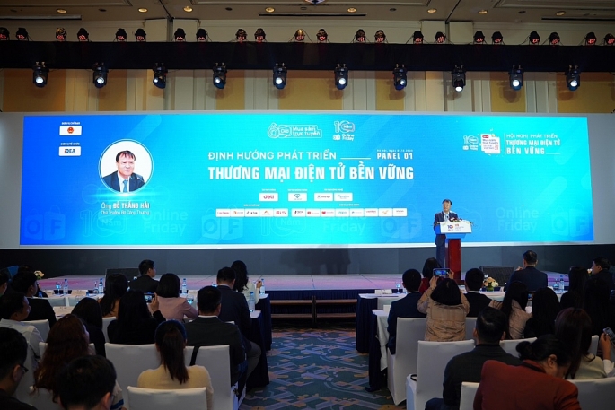Thứ trưởng Bộ Công Thương Đỗ Thắng Hải tại Hội nghị Phát triển thương mại điện tử Việt Nam 2023. Ảnh: Thái Phương