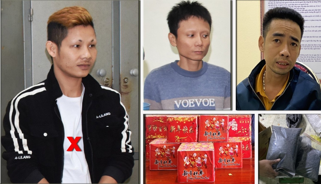 Nguyễn Xuân Thành (X) cùng 2 đối tượng và tang vật bị bắt giữ (ảnh CATH)